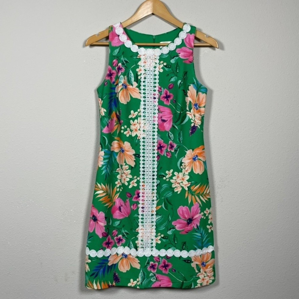 Eliza J Floral Shift Dress Women 8 Green Pink Tropical Garden Sleeveless Wedding